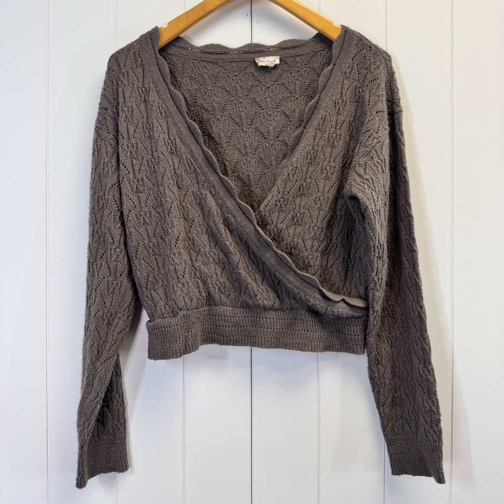 Minimalist Balletcore Faux Wrap Pointelle Sweater Women Large Cottage Coquette